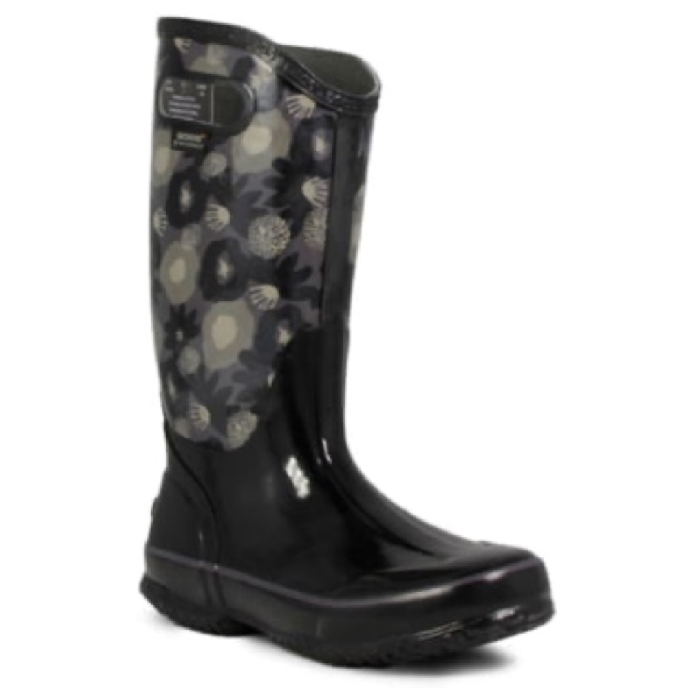 BOGS Women's Watercolor Waterproof Rain Boots, Black and Gray Floral Size 9 New